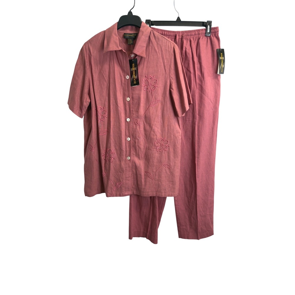 Requirements Womens Dusty Rose Linen Blend Floral Embroidered 2 Piece Pant Set M